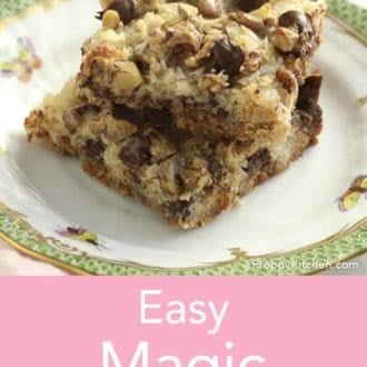Pinterest graphic of magic cookie bars stacked on a plate.