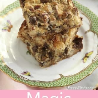Pinterest graphic of magic cookie bars stacked on a plate.