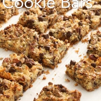Pinterest graphic of magic cookie bars after being cut into squares.