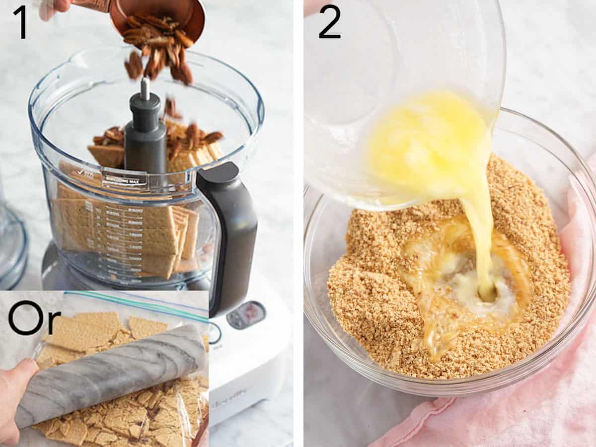 Butter pouring into a bowl of Graham crackers and pecans to make Magic Cookie Bars.