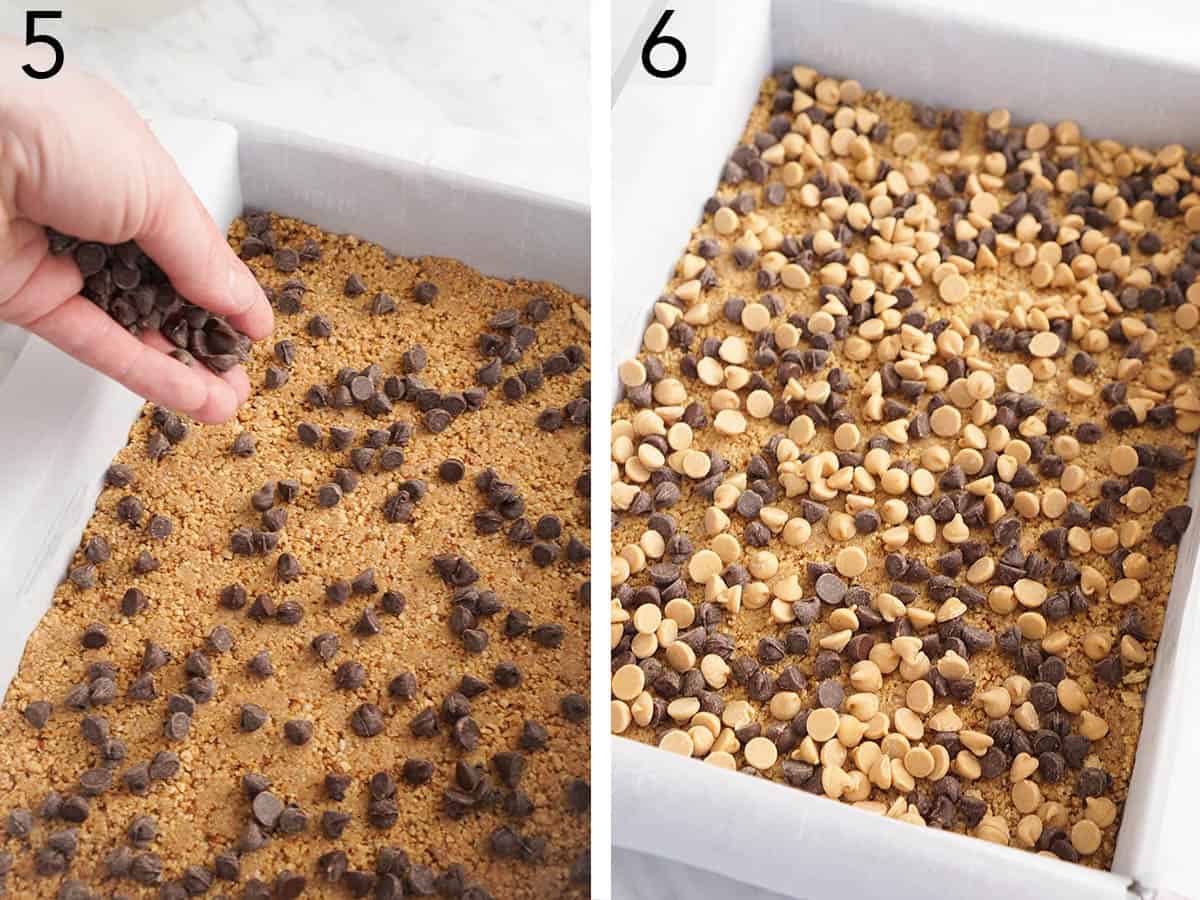 Chocolate chips and peanut butter chips getting sprinkled onto a Magic Cookie Bar crust.