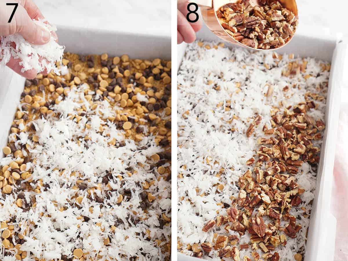 Sweetened shaved coconut and toasted pecans being poured to make Magic Cookie Bars.