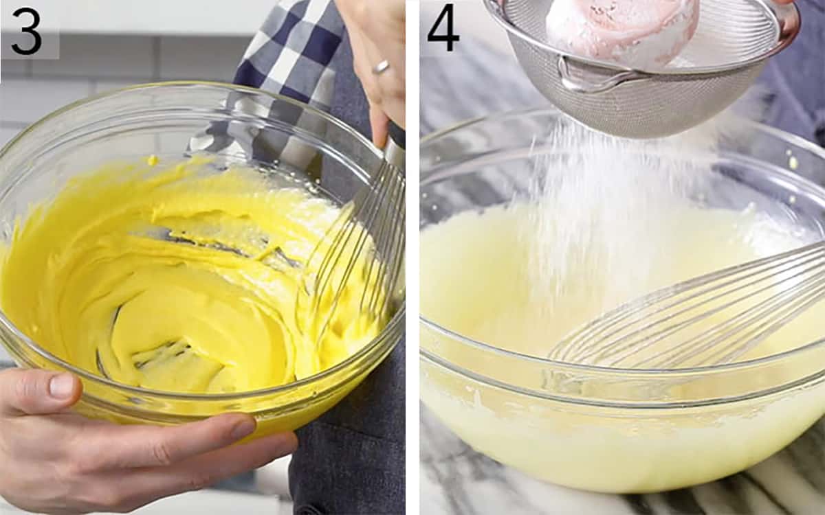 Cornstarch being added to a mixture for pastry cream.
