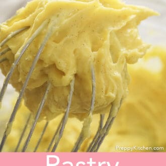 Pastry cream on a whisk.