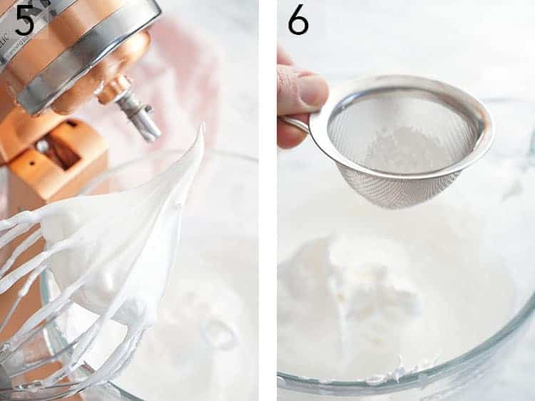 Cornstarch getting sifted into meringue.