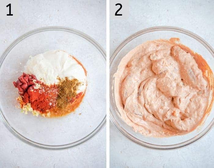 Two photos showing how to marinate tandoori chicken