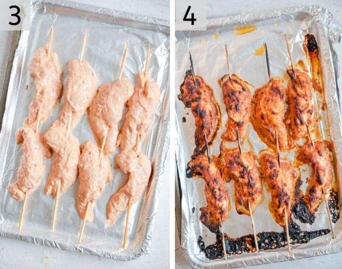Two photos showing tandoori chicken skewers before and after baking