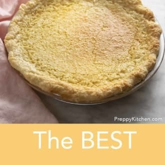 Pinterest graphic of a buttermilk pie with a pink linen napkin beside it.