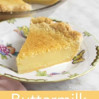 Pinterest graphic of a piece of buttermilk pie on a plate