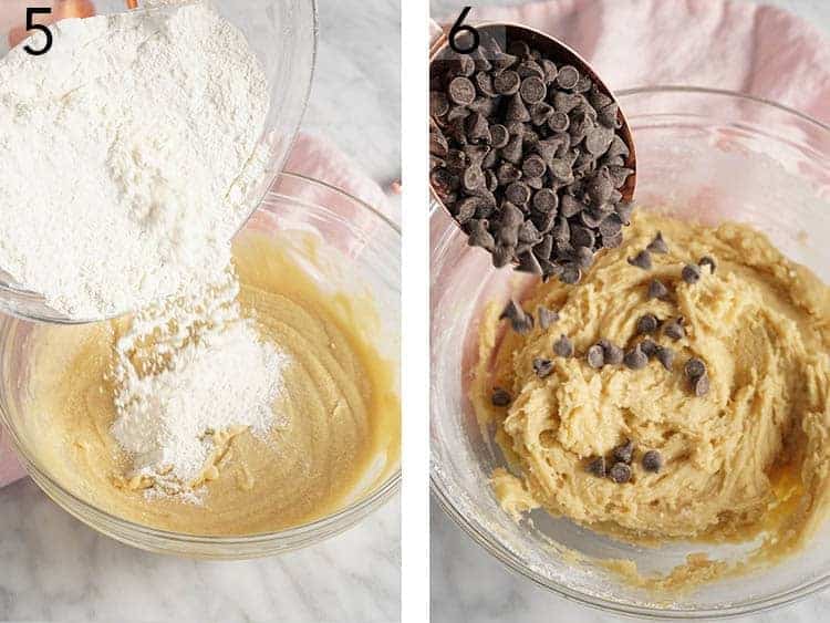 Flour and chocolate chips going into Chocolate Chip Cookie Bar dough.