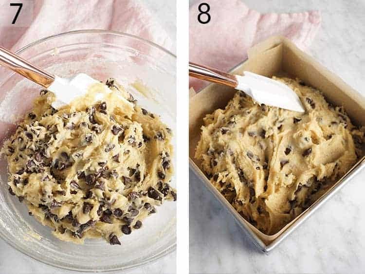 Chocolate Chip Cookie Bar dough getting spread into an 8x8 baking dish.