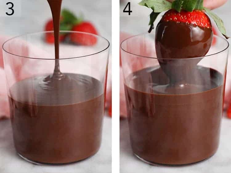 A glass getting filled with chocolate then a strawberry getting dipped.