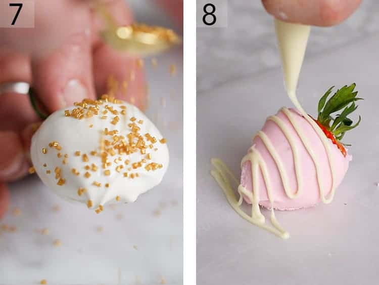 Gold sanding sugar getting sprinkled onto a strawberry covered in white chocolate.