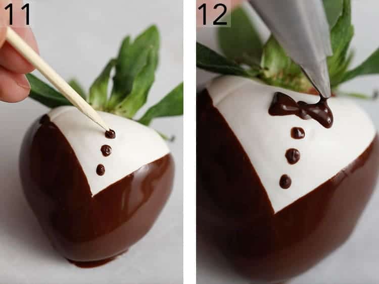 Adding detailed onto a tuxedo style chocolate covered strawberry.
