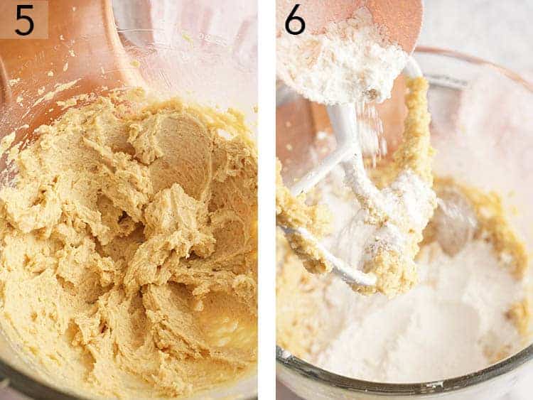 Flour getting added to cookie dough.