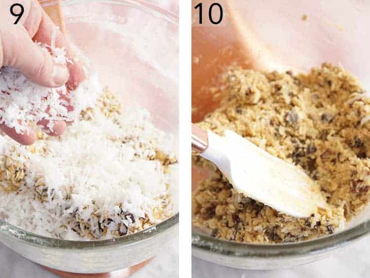 Chocolate chips and shredded coconut getting added to cowboy cookie dough.