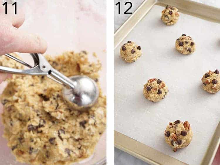 Cowboy cookie dough getting rolled into balls and placed on a parchment-lined baking sheet.