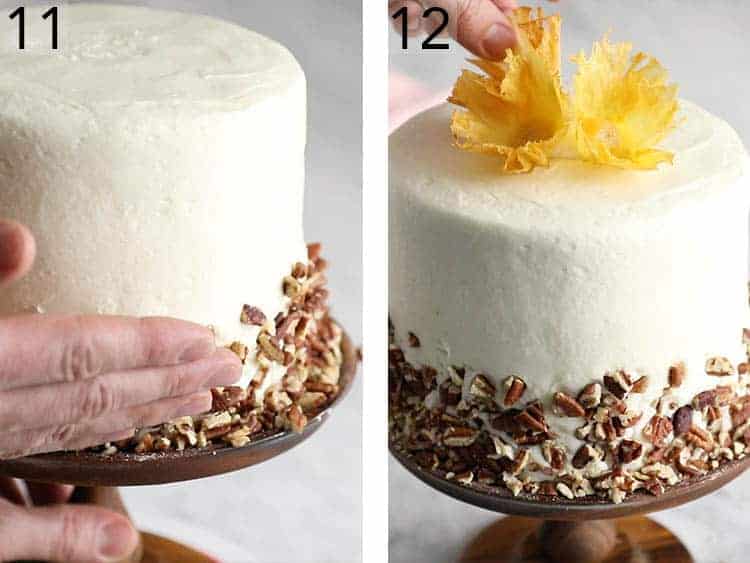 A hummingbird cake getting a skirt of toasted pecans and a crown of pineapple flowers.