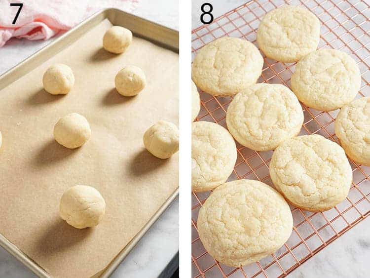 Lemon cookies on a tray before and after baking.