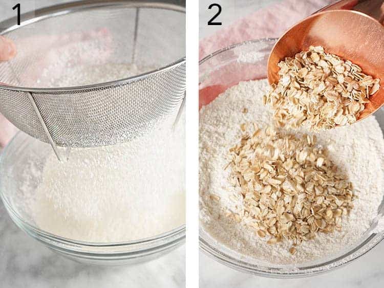 Set of two photos showing dry ingredients added to a bowl.