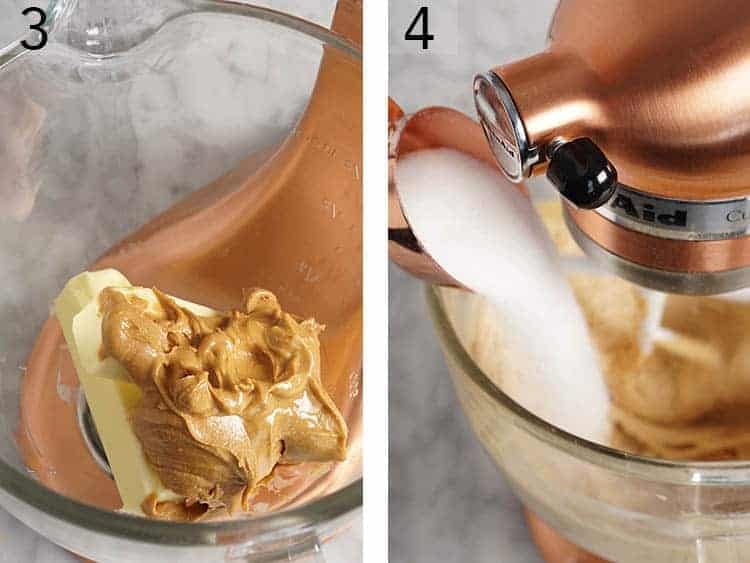 Set of two photos showing butter, peanut butter, and sugar added to a mixing bowl.