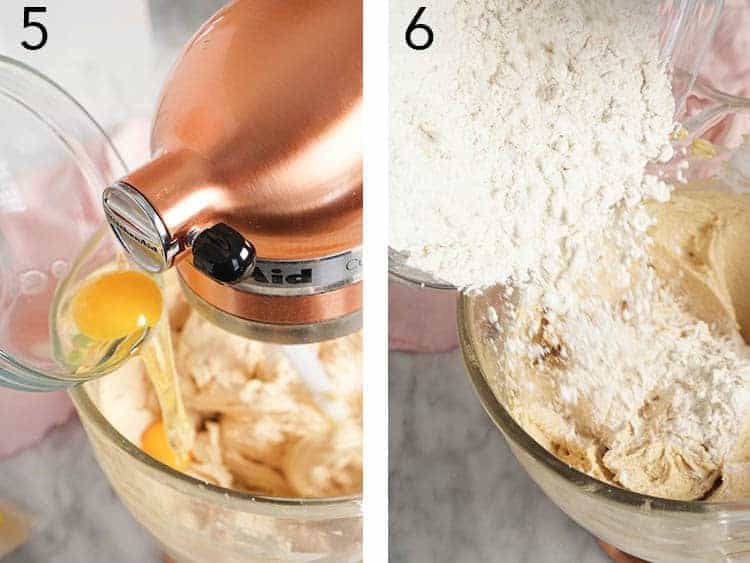 Set of two photos showing eggs added to the mixer and then flour added.