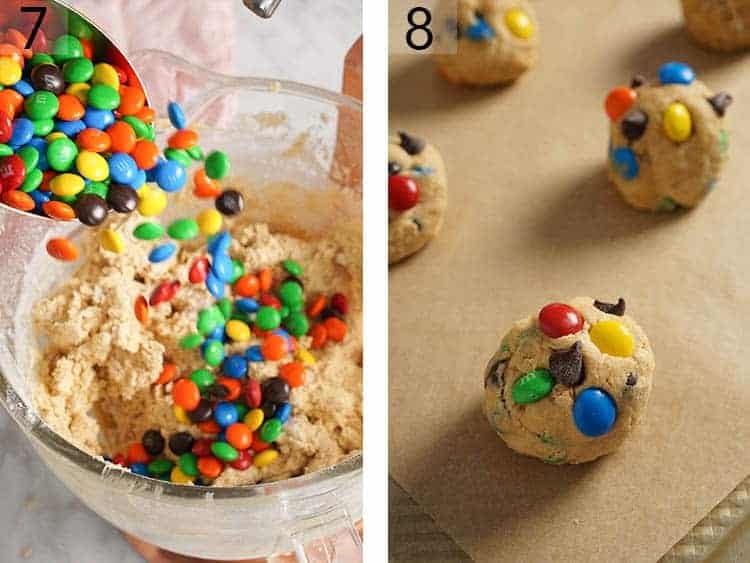 M&Ms and chocolate chips getting added to cookie dough to make monster cookies.