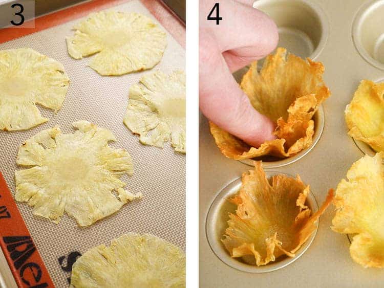 Pineapple slices baking and being formed into flowers.
