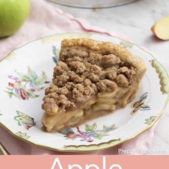 Pinterest graphic of a piece of apple crumble pie on a plate.