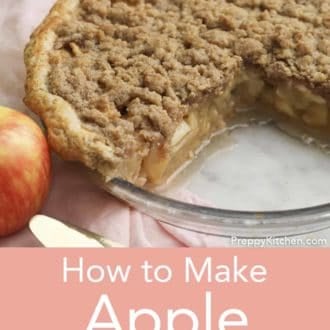 Pinterest graphic of apple crumble pie in a glass pie dish with a quarter cut out.