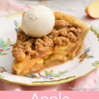 An apple crumble pie with a scoop of ice cream.