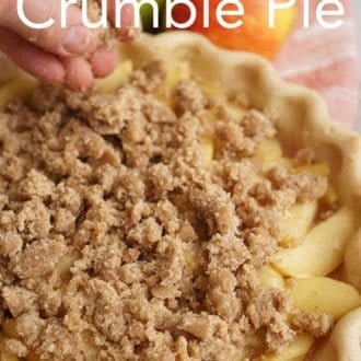 Pinterest graphic of crumble being added to the top of an apple crumble pie.