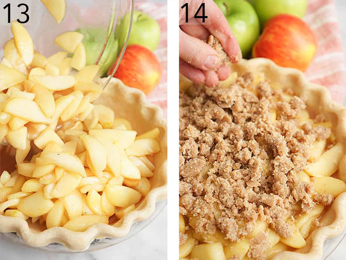 Apple crumble pie being assembled before baking.