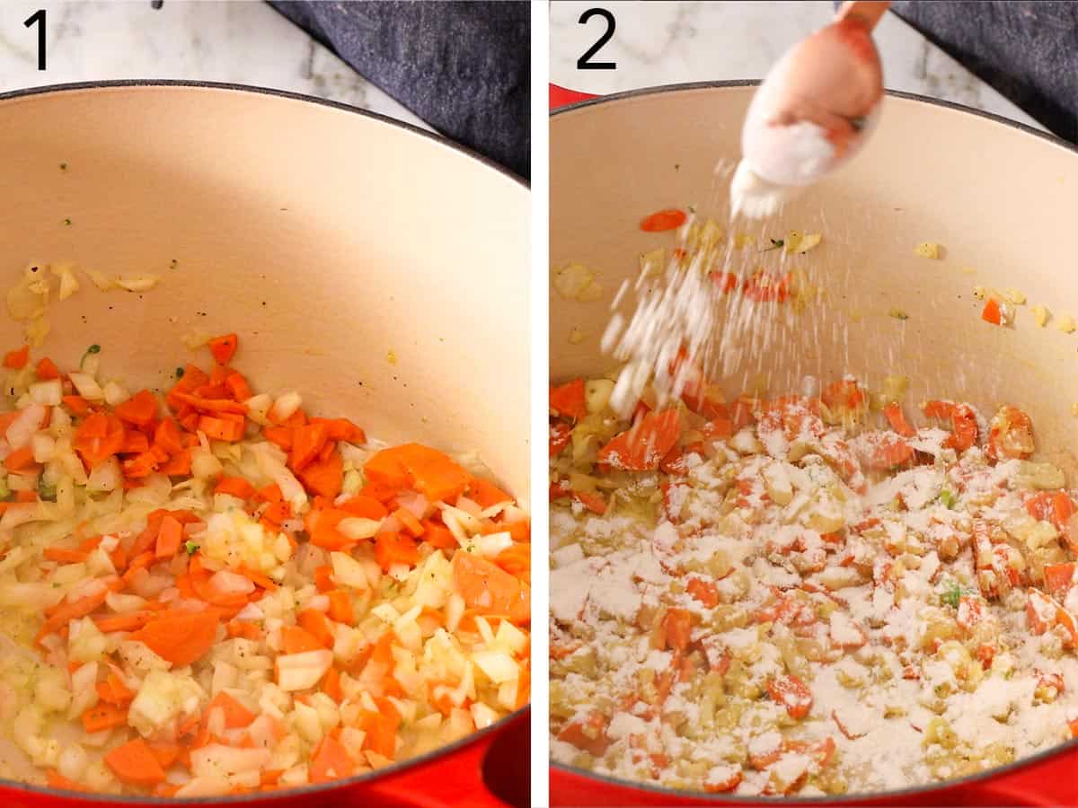 Set of two photos showing carrots, onion, and garlic getting cooked in a Dutch oven and flour added on top.