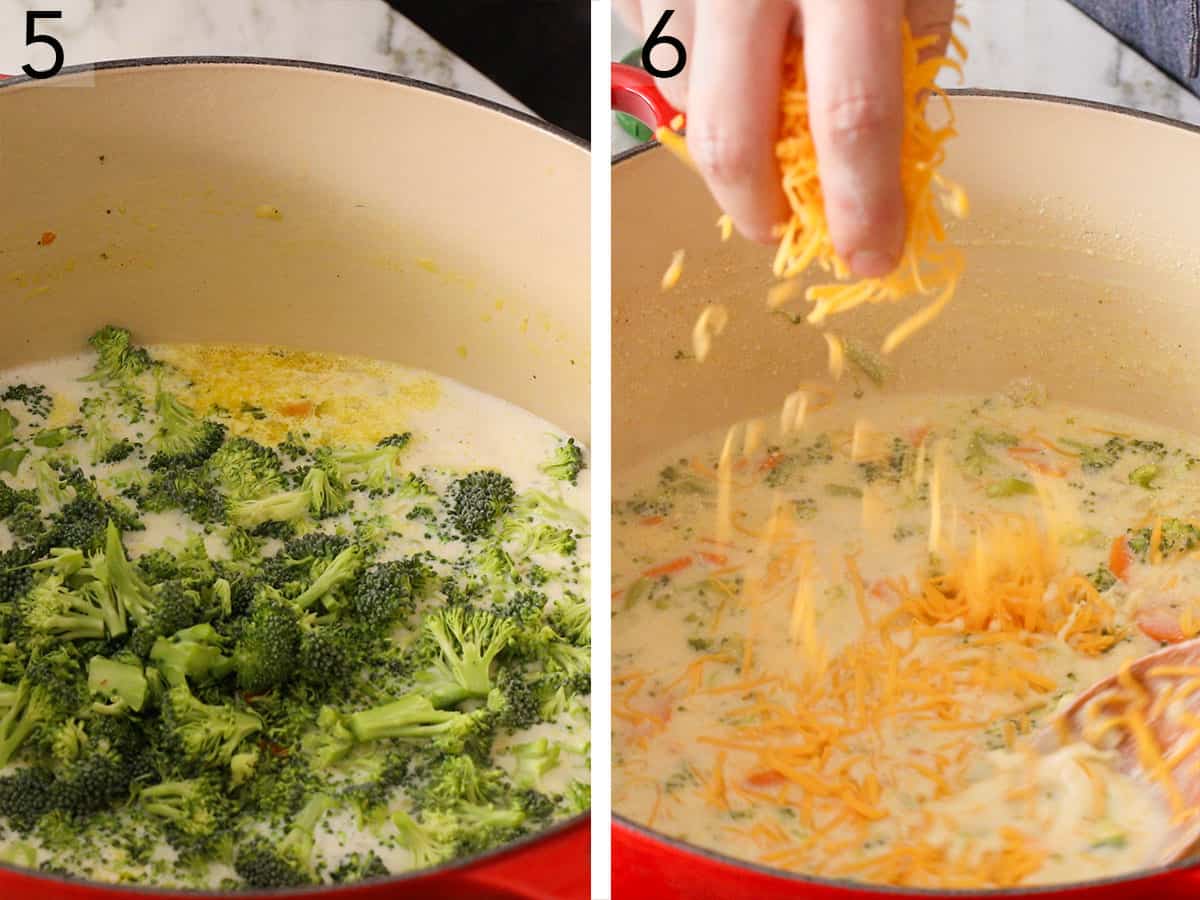 Broccoli and cheese getting added to a soup base.