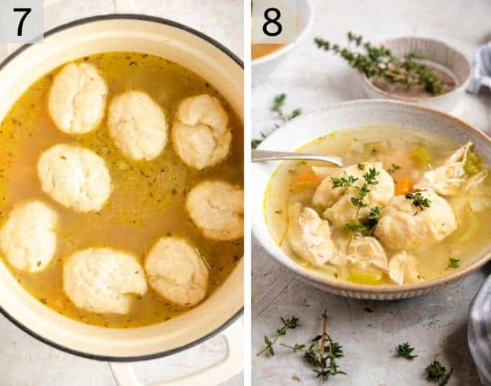 Chicken and dumplings made in a pot and a shot in a bowl
