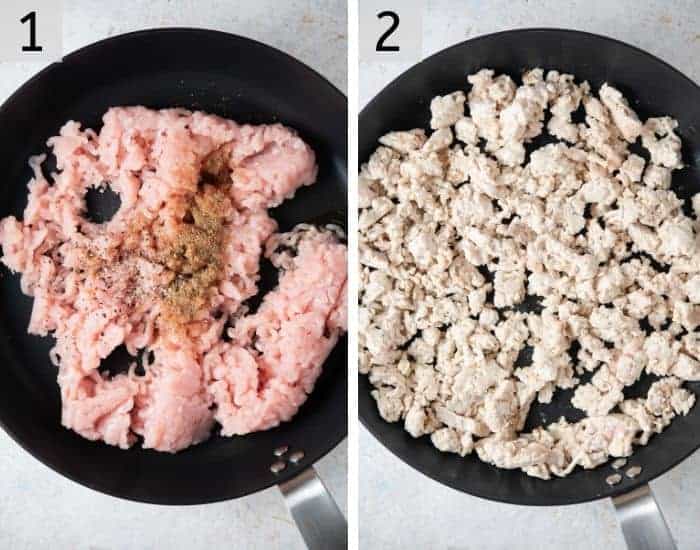 Two photos showing how to brown ground chicken