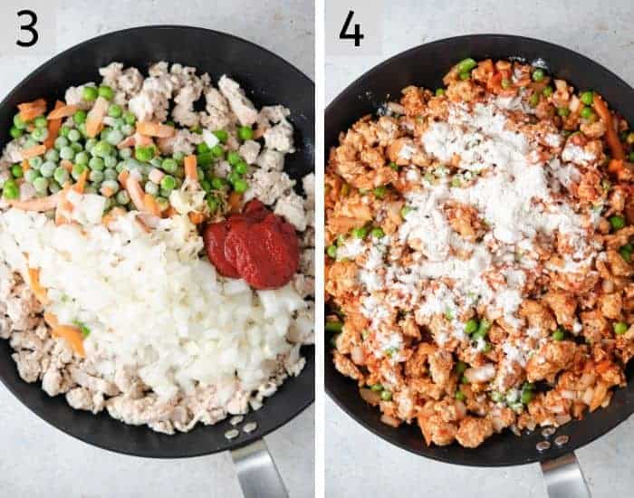 Two photos showing how to make a meat sauce