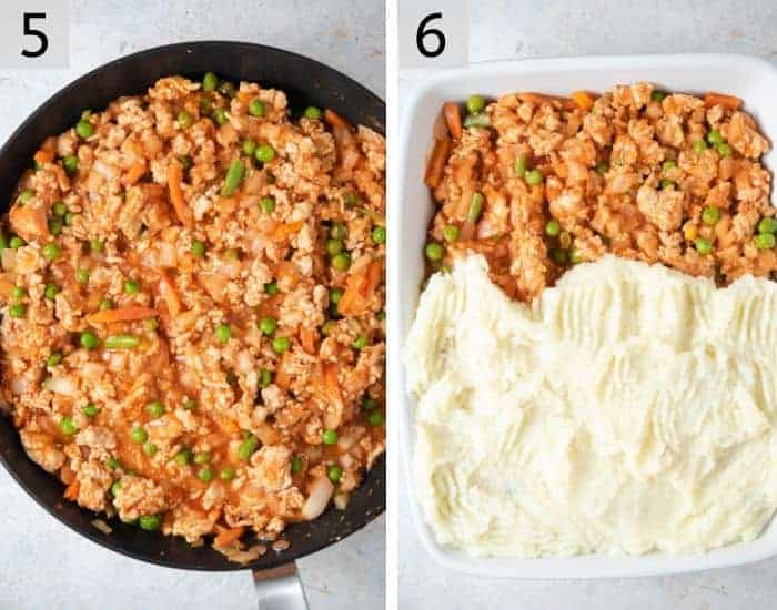 Two photos showing how to assemble a shepherds pie