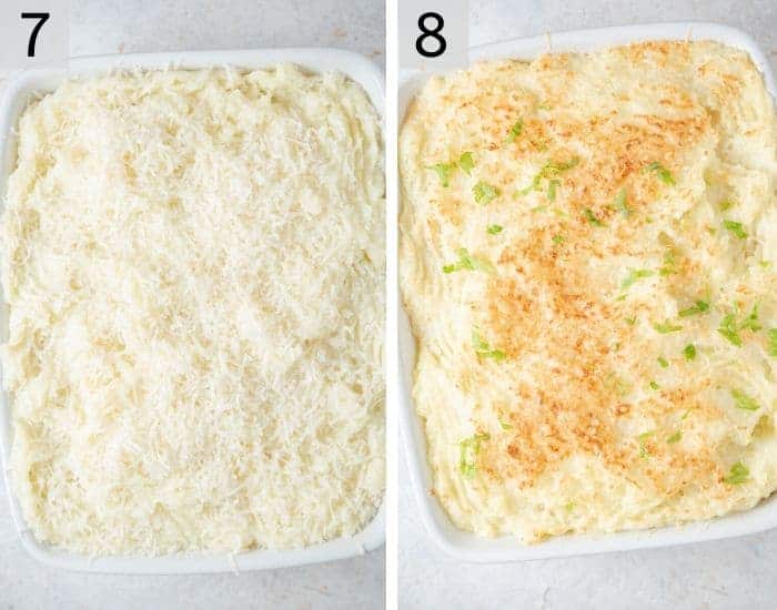 Two photos of a shepherds pie covered with mash
