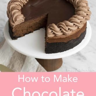chocolate cheesecake on a cake stand