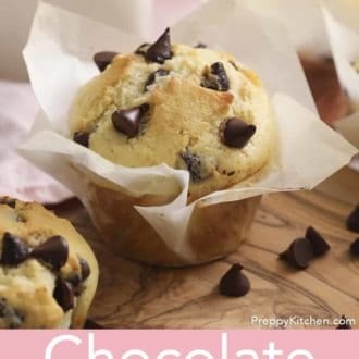 chocolate chip muffin in a muffin paper