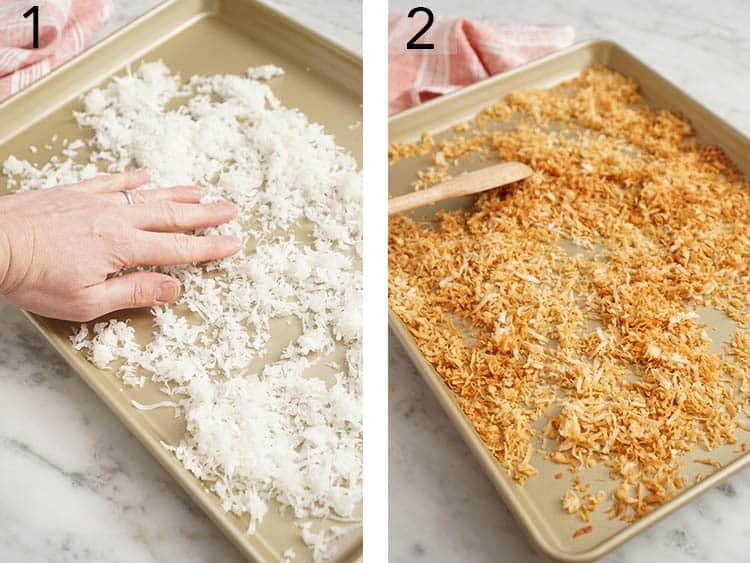 Shreded coconut getting toasted on a golden baking pan.