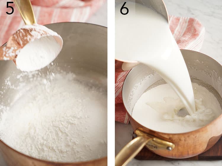 scalded coconut milk pouring into a pot to make coconut cream pie filling.