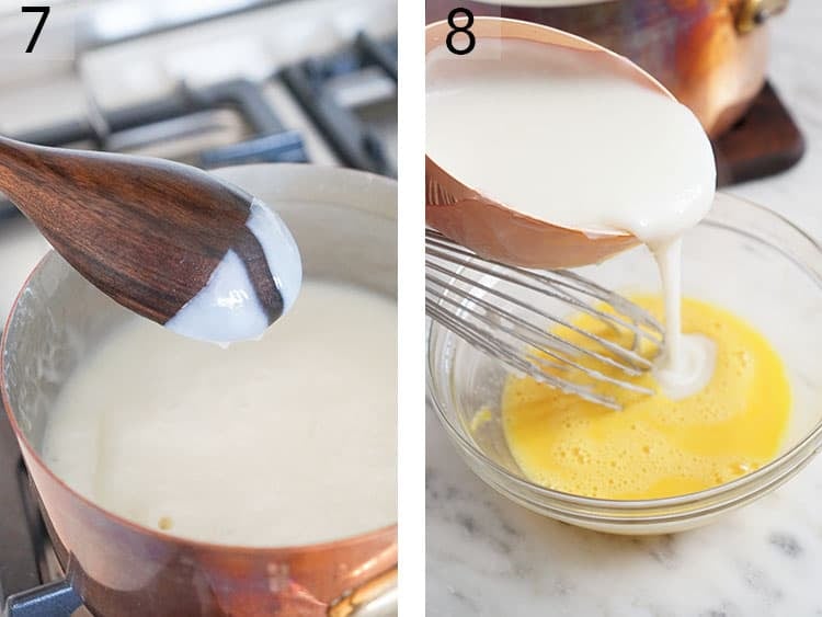 Coconut cream pie filling getting tempered with egg yolks.