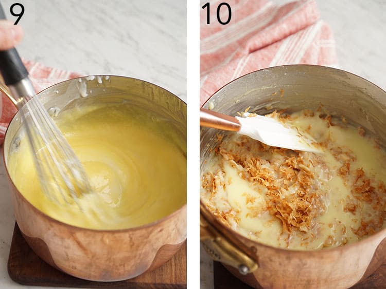 Toasted coconut being stirred into coconut cream pie filling.