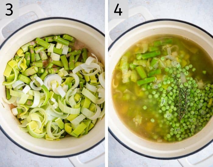 Two photos showing how to saute vegetables and add stock to soup