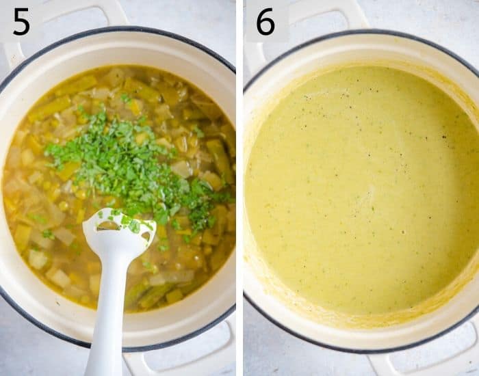 Two photos showing how to blend asparagus soup