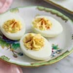 A close up of deviled eggs on a plate