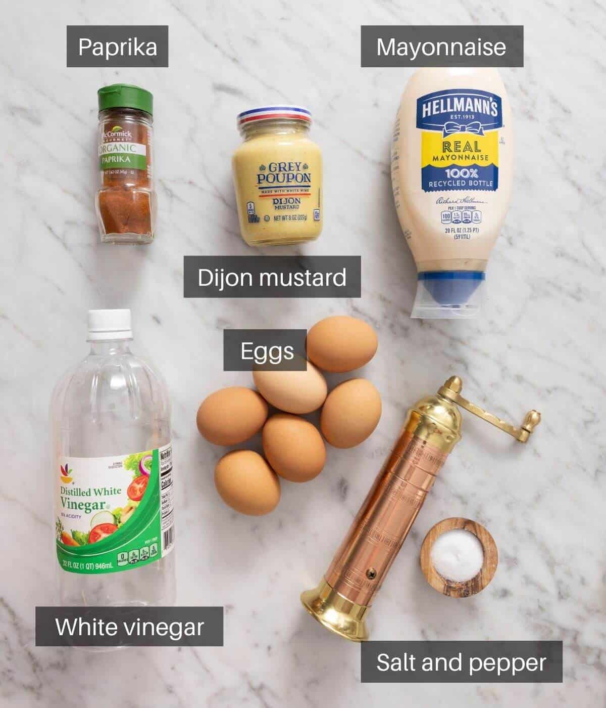 An overhead shot of all the ingredients you need to make deviled eggs
